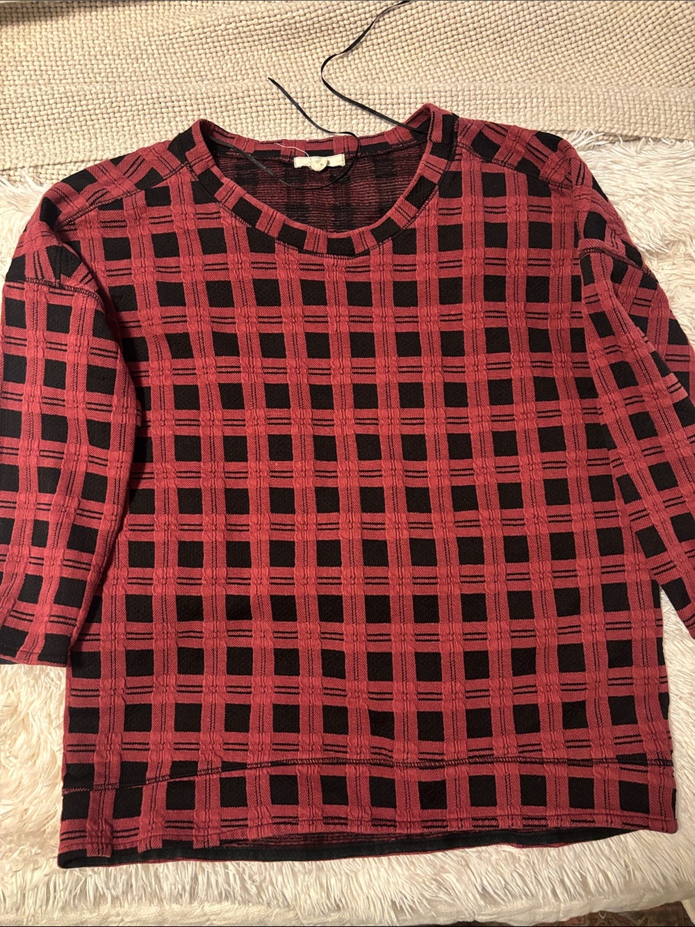 Pleione Black & Red Plaid Short Sleeve Knit Top
